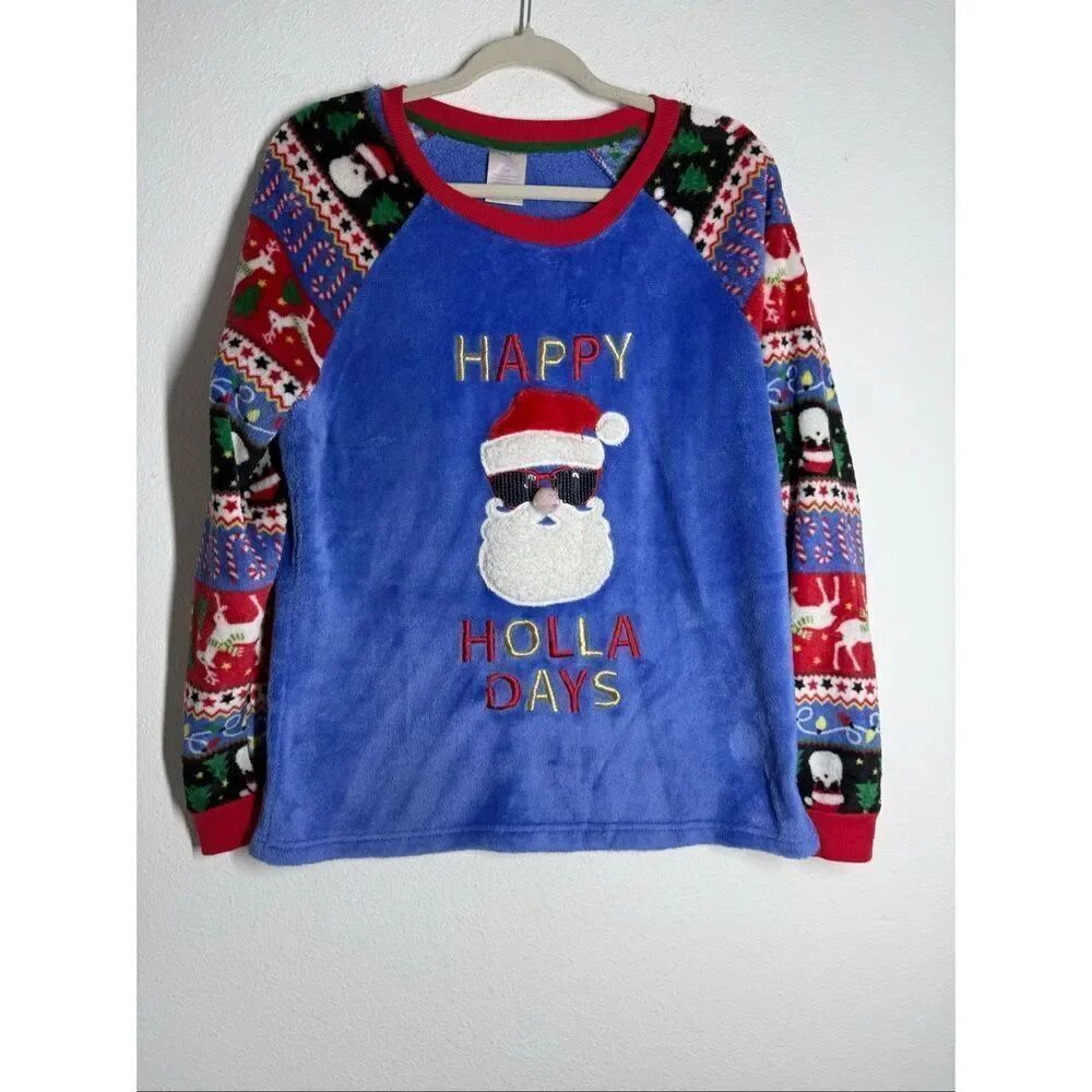 Secret Treasures "Happy Holla Days"  Fleece Embroidered Pajama Top Sz L See Note